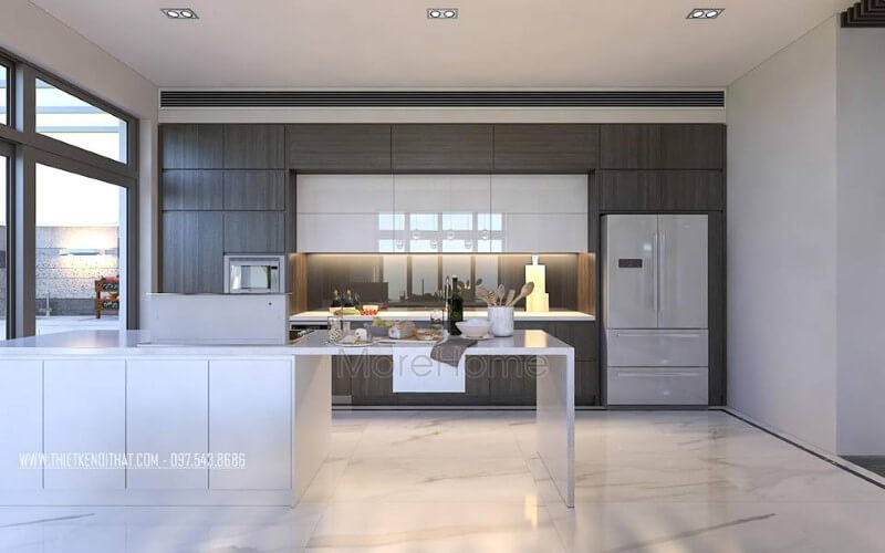 Tủ bếp đẹp, sang trọng từ gỗ công nghiệp An Cường cùng đá ốp nhân tạo cao cấp đã tạo nên vẻ đẹp hiện đại, độc đáo cho phòng bếp. Đá ốp bếp