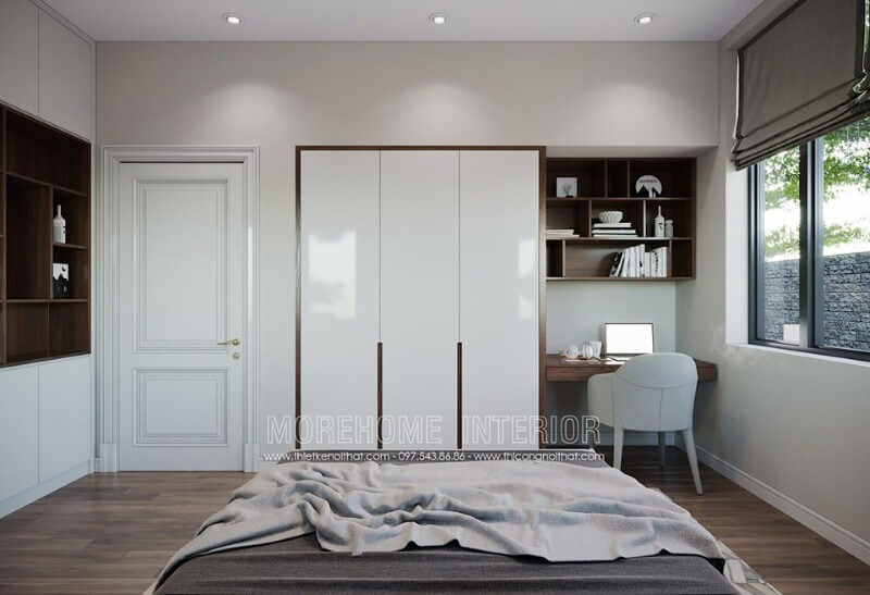 Góc học tập được thiết kế đơn giản đẹp cho phòng ngủ. Thiết kế phòng ngủ biệt thự
