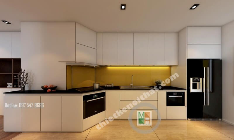 Mẫu tủ bếp đẹp được thiết kế một cách khéo léo, khu vực sơ chế và khu vực bếp nấu được bố trí khoa học, tạo cho người nội trợ dễ dàng nấu nướng hơn Tủ bếp gỗ công nghiệp