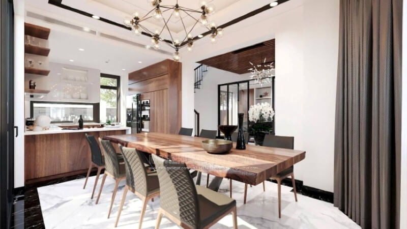 Sẽ là một gợi ý sáng tạo sẽ khiến bạn thích thú như trong ý tưởng bố trí phòng bếp hiện đại biệt thự Vinhomes Imperia Hải Phòng trong đây, bố trí kệ trang trí ở vị trí gần bàn ăn nhất giúp bạn lấy ly, chén một cách thuận tiện. Thiết kế phòng bếp, tủ bếp đẹp
