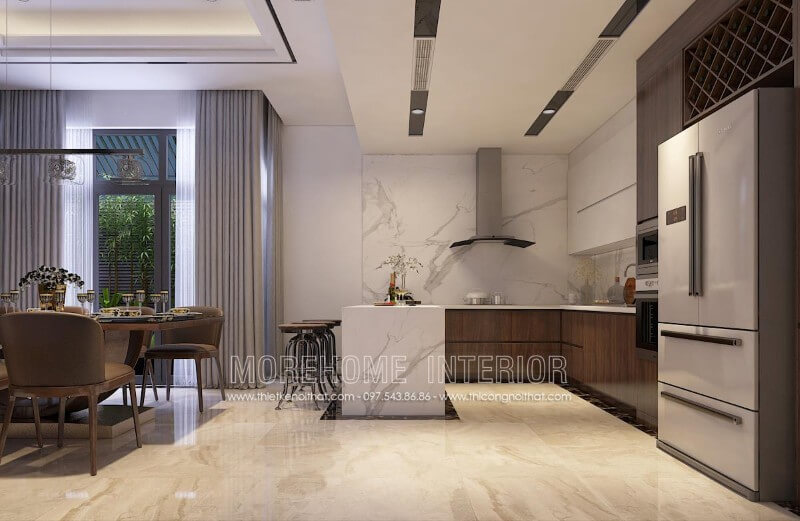 Mẫu thiết kế tủ bếp biệt thự kết hợp bàn đảo, bàn ăn phụ tạo cho gia chủ một không gian nấu nướng và dùng bữa tiện nghi hơn cả Tủ bếp đẹp, sang trọng và đẳng cấp