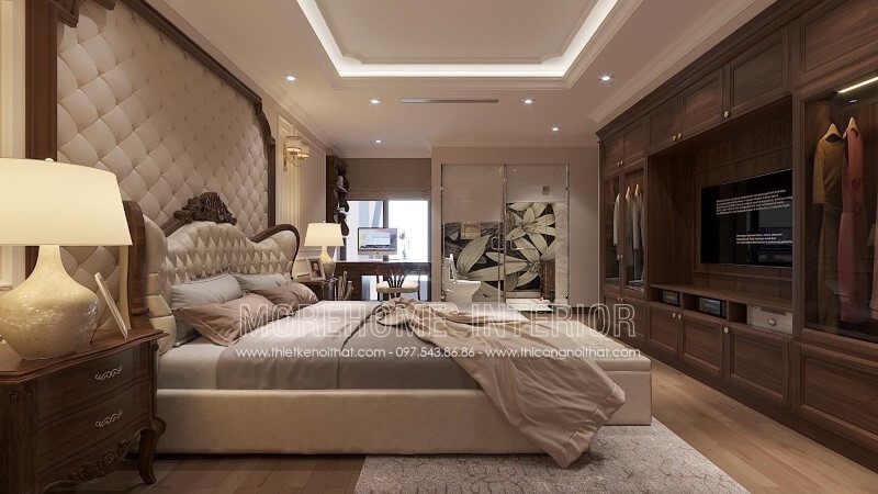 Tủ quần áo gỗ óc chó này được thiết kế theo phong cách tân cổ điển hiện đại, kết hợp liền khối với kệ tivi, tạo nên một dòng sản phẩm đồ nội thất phòng ngủ tuyệt vời và tiện dụng