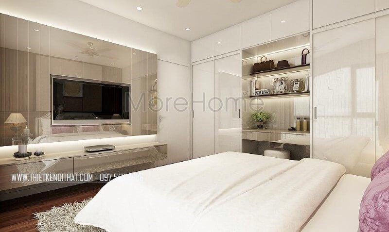 Thiết kế nội thất phòng ngủ đẹp, sang trọng với kệ tivi hiện đại nổi bật cùng gạch ốp tường cao cấp.