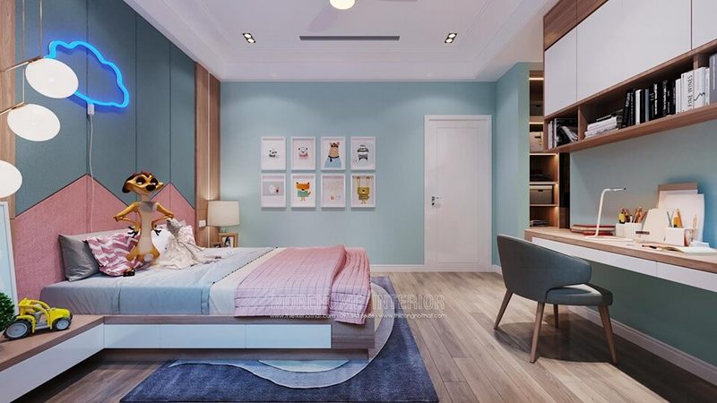 .
Mẫu thiết kế nội thất cho phòng trẻ em được làm mới bằng gam màu sắc nhẹ nhàng và tinh tế, giúp trẻ có được môi trường sinh hoạt và học tập tốt hơn.